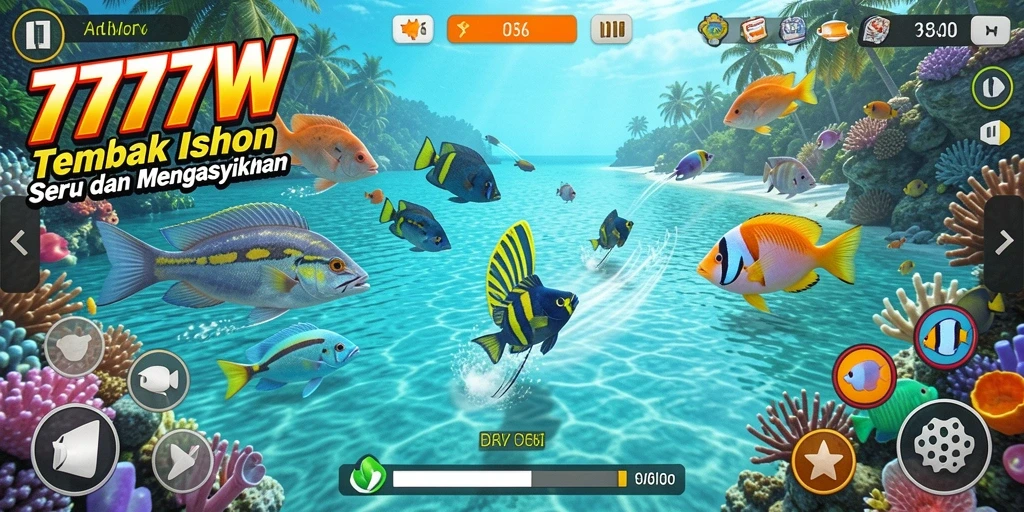Tampilan gameplay menarik dalam 7777W saat menembak ikan di laut.