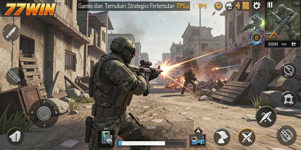 Tangkapan layar gameplay 77WIN menampilkan aksi pertempuran TPS yang seru.