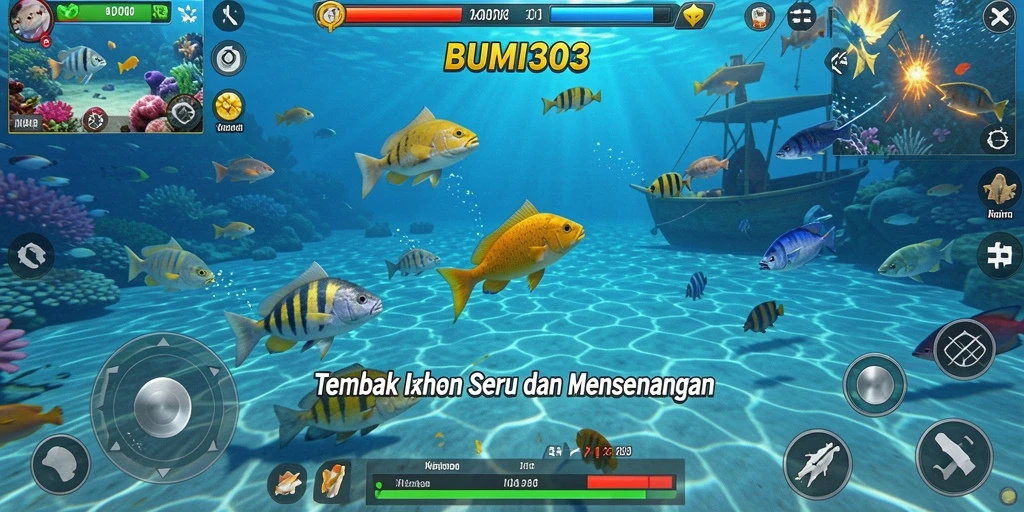 Screenshot BUMI303 menampilkan aksi seru menembak ikan.