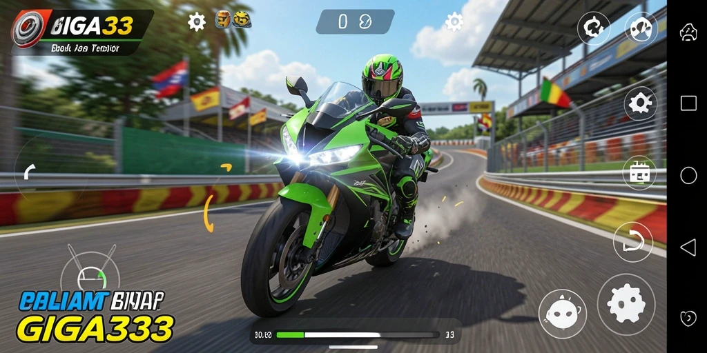 Gameplay GIGA33 menampilkan aksi balap motor yang intens.