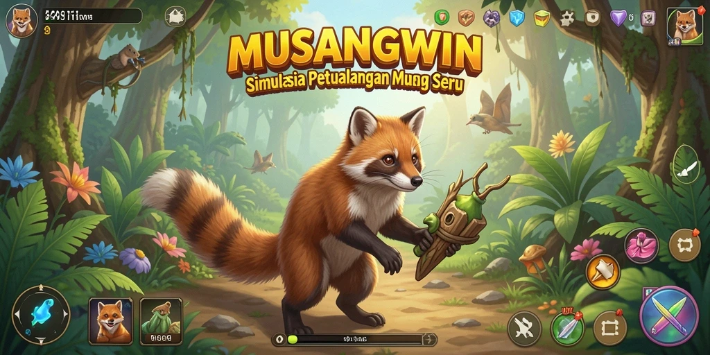 Screenshot gameplay MUSANGWIN dengan lingkungan yang indah dan karakter musang.