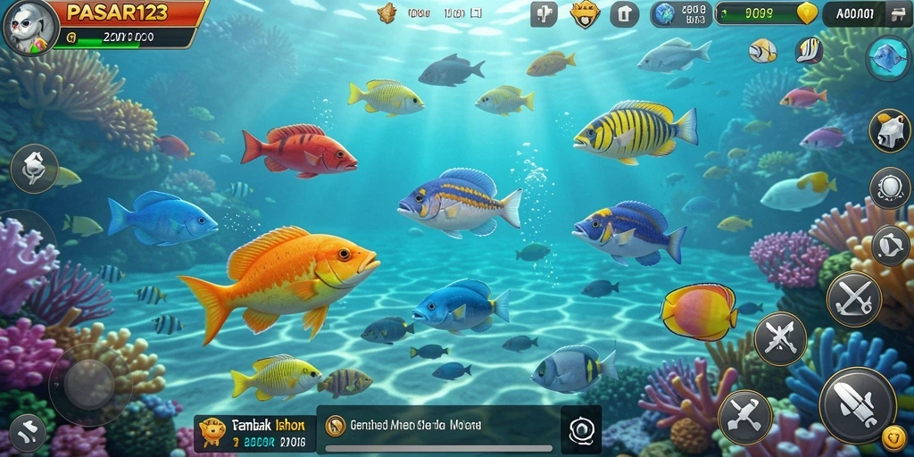 Tampilan gameplay PASAR123 yang seru dengan berbagai ikan.